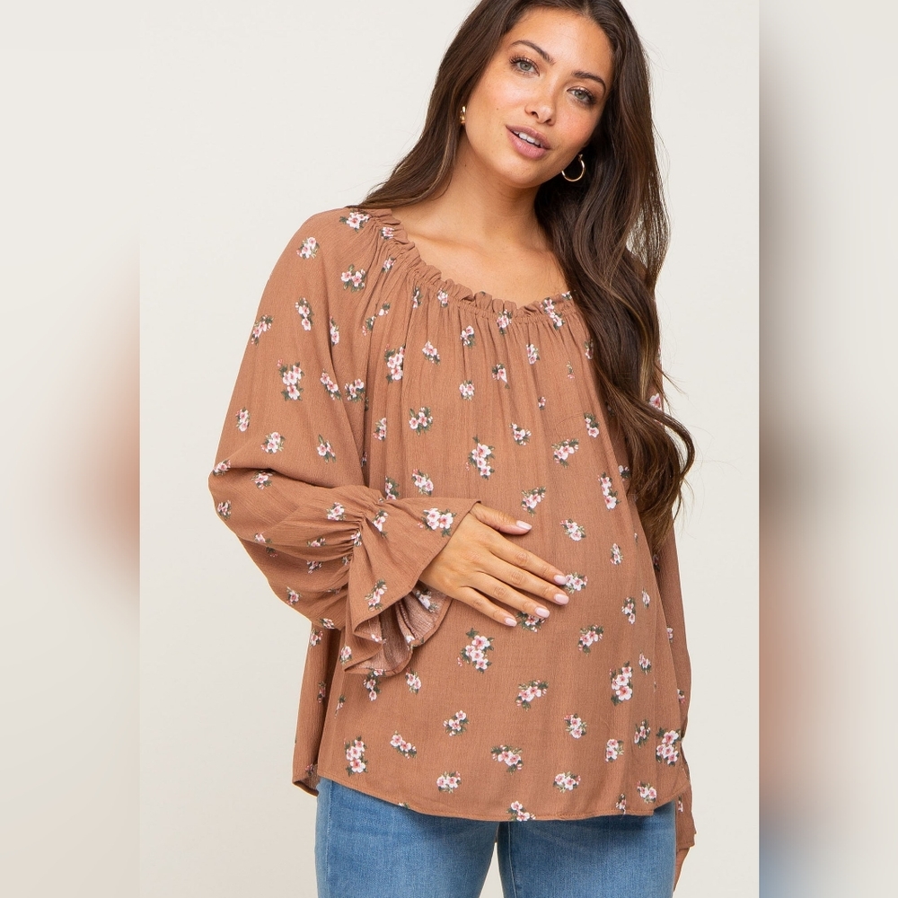 NWOT Mocha Floral Off Shoulder Long Sleeve Maternity Blouse